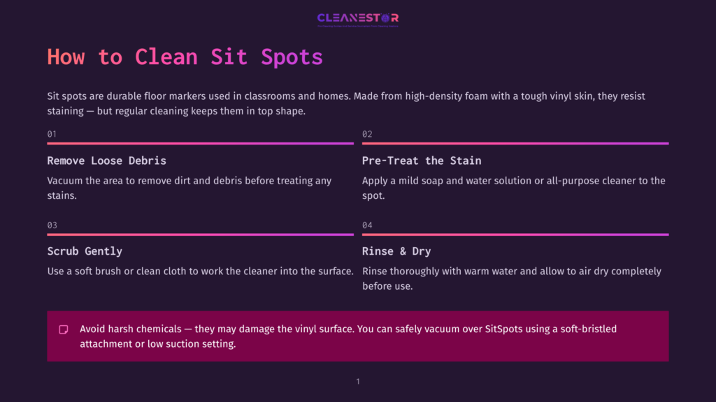 How To Clean Sit Spots: A Graphic With Text Explaining How To Clean Durable Floor Markers, Including Steps Like Removing Loose Debris, Pre-Treating Stains, Scrubbing Gently, And Rinsing &Amp; Drying. It Also Warns Against Harsh Chemicals.