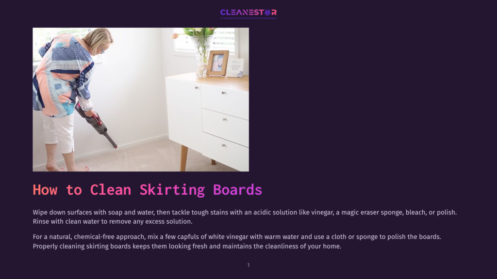 1 How To Clean Skirting Boards A Woman In A Patterned Robe Vacuums A Carpeted Floor Next To White Cabinets And A Small Table, With The Text &Quot;How To Clean Skirting Boards&Quot; Visible.