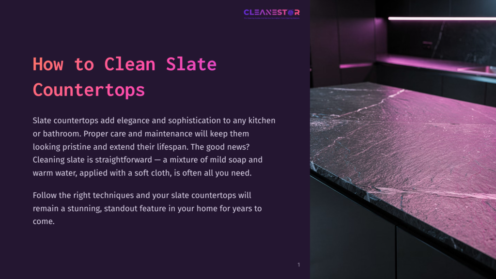 A Dark, Modern Kitchen Features A Stunning Black Slate Countertop Illuminated By Vibrant Pink And Purple Ambient Lighting, Showcasing The Natural Veining Of The Stone. Text On The Left Reads &Quot;How To Clean Slate Countertops&Quot;.