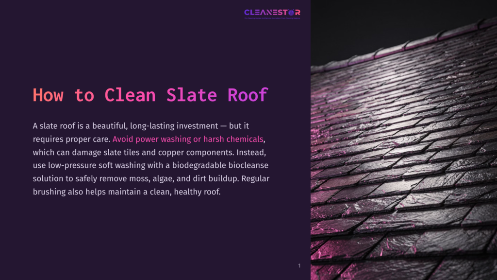 1 How To Clean Slate Roof Close-Up Of A Dark, Wet Slate Roof With A Purple Glow, Showing The Texture And Overlap Of The Tiles. Text Overlay Reads &Quot;Cleanestor How To Clean Slate Roof&Quot;.