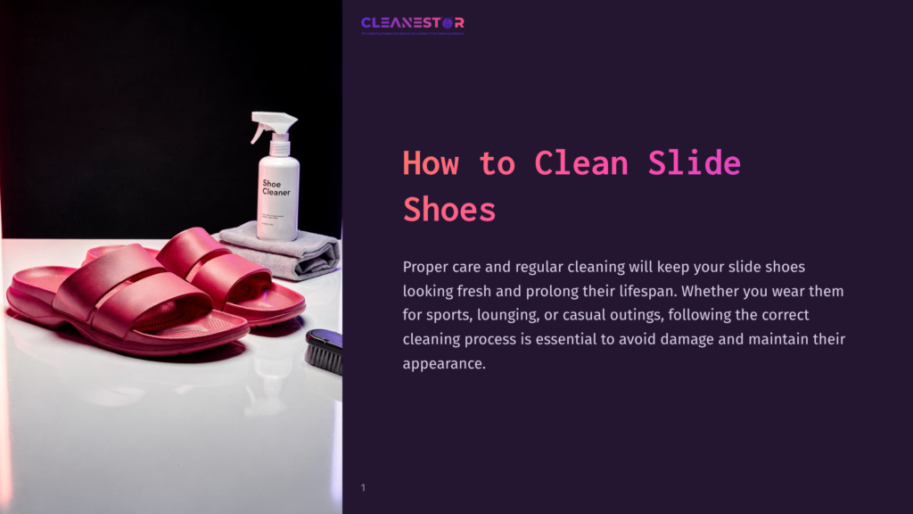 Pink Slide Sandals, Shoe Cleaner Spray, And A Brush Sit On A White Surface, With A Dark Background And The Text &Quot;How To Clean Slide Shoes&Quot; Overlayed.