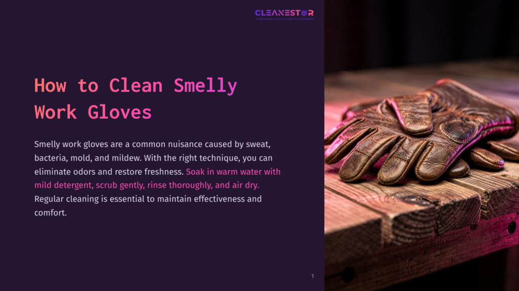 Close-Up Of Weathered Brown Leather Work Gloves Resting On A Rustic Wooden Surface, With A Soft Purple Light Illuminating The Scene.