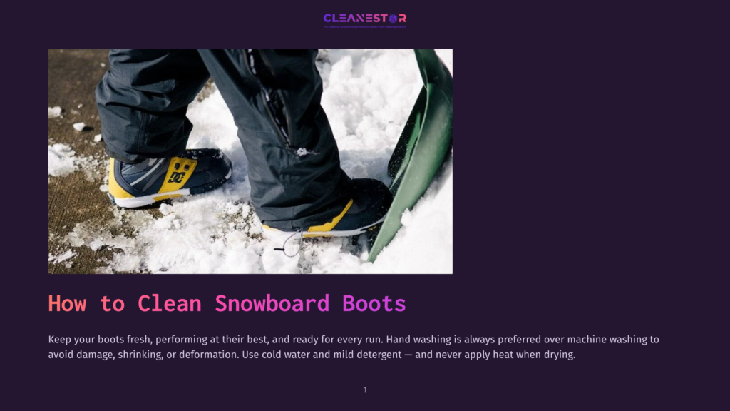 Close-Up Of Snowboard Boots With Yellow Accents And Black Pants Standing In Snow, With A Green Snowboard Shovel Nearby. Text Overlay Reads &Quot;How To Clean Snowboard Boots&Quot;.