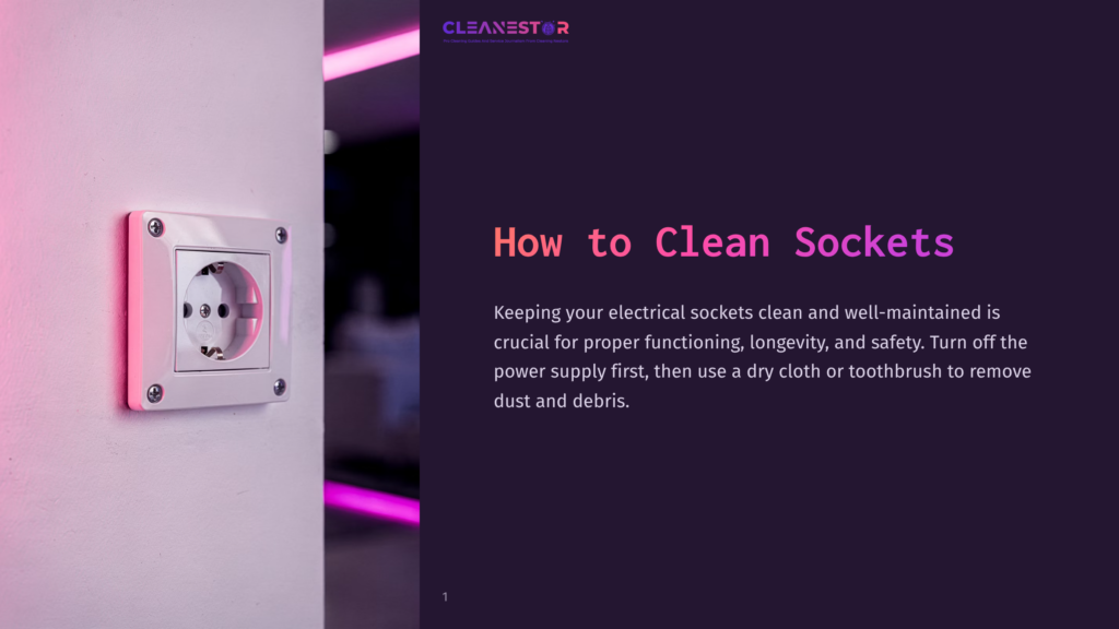 Close-Up Of A White Electrical Socket Mounted On A Wall, With The Text &Quot;Cleanestor&Quot; And &Quot;How To Clean Sockets&Quot; Visible On The Right Side Of The Image.