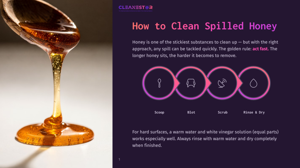 Thick, Golden Honey Drips From A Wooden Spoon, Showcasing Its Sticky Texture. The Image Is Part Of A &Quot;Cleanestor&Quot; Guide On How To Clean Spilled Honey, With Illustrated Steps: Scoop, Blot, Scrub, And Rinse &Amp; Dry.