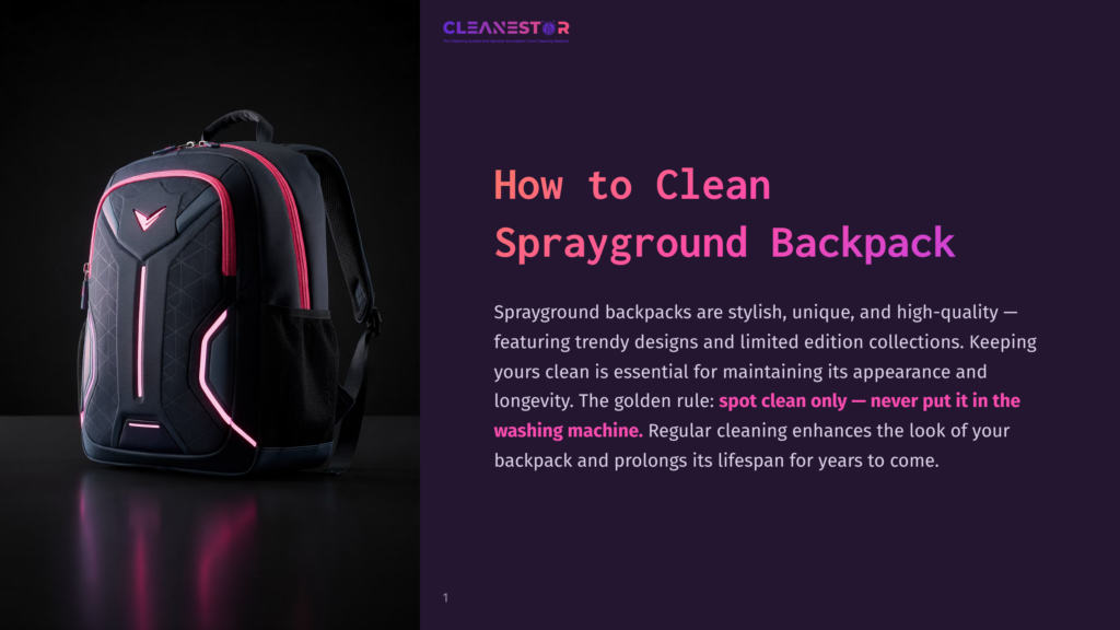 A Sleek, Black Sprayground Backpack With Neon Pink Accents Is Showcased Against A Dark Background, With The Text &Quot;How To Clean Sprayground Backpack&Quot; Visible.