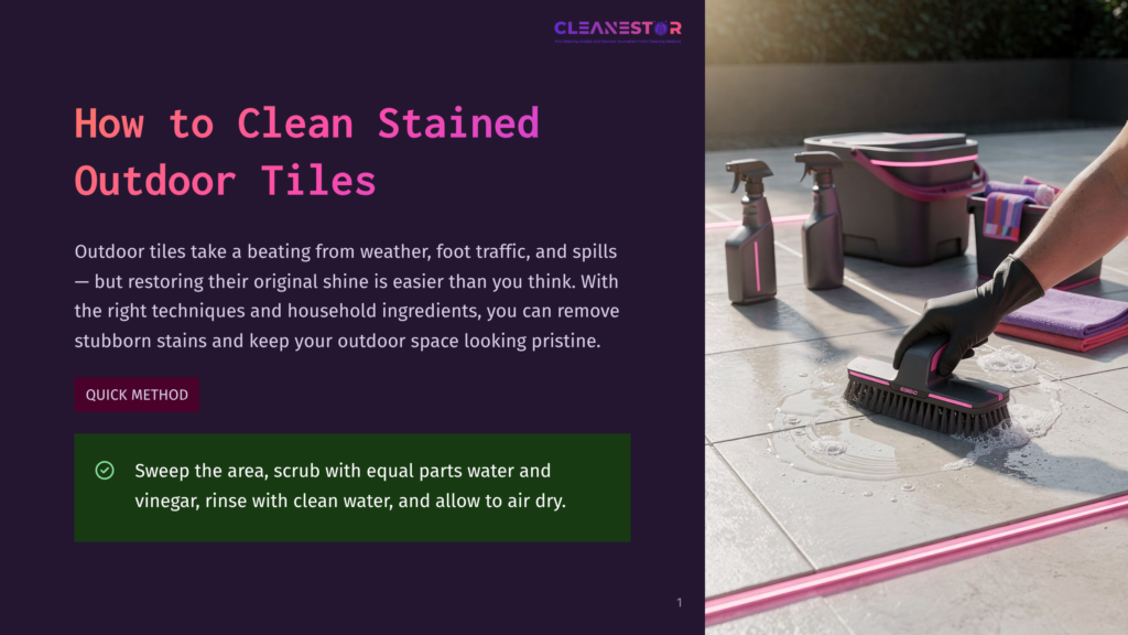 Person Scrubbing Outdoor Tiles With A Brush, Surrounded By Cleaning Supplies Like A Bucket, A Bottle, And A Towel, With A Pink And White Border At The Bottom.
