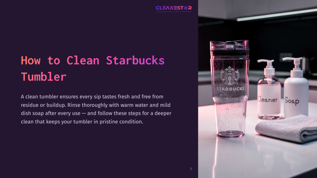Starbucks Tumbler Sitting On A Kitchen Counter Next To A Bottle Of Soap And A Bottle Of Cleaner, With A Towel Nearby For Drying.