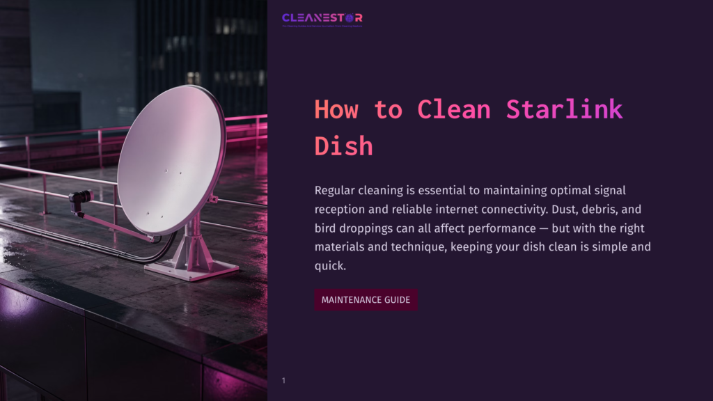 A White Starlink Satellite Dish Antenna Sits On A Dark, Wet Rooftop At Night, With A Blurry City Skyline And Lights In The Background. The Text &Quot;How To Clean Starlink Dish&Quot; And &Quot;Maintenance Guide&Quot; Are Visible.