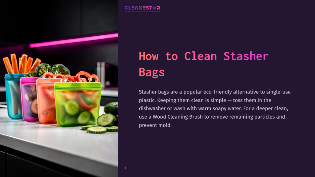 A Countertop Displays Colorful, Reusable Stasher Bags Filled With Vegetables Like Carrots, Broccoli, And Cucumbers, Under A Modern Kitchen Light. The Title &Quot;How To Clean Stasher Bags&Quot; Is Displayed Prominently.
