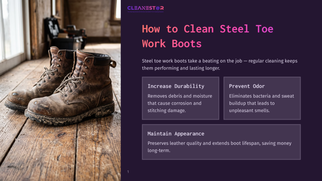 Close-Up Of A Pair Of Worn, Dirty, Brown Steel Toe Work Boots Resting On A Rustic Wooden Floor. The Boots Show Signs Of Heavy Use, With Mud And Scuffs Visible.