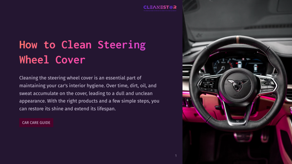 Close-Up Of A Modern Car'S Steering Wheel With A Black Leather Cover And Stitching, Featuring The Car'S Logo And Various Control Buttons. The Background Shows A Dimly Lit, Luxurious Car Interior With Pink Ambient Lighting.