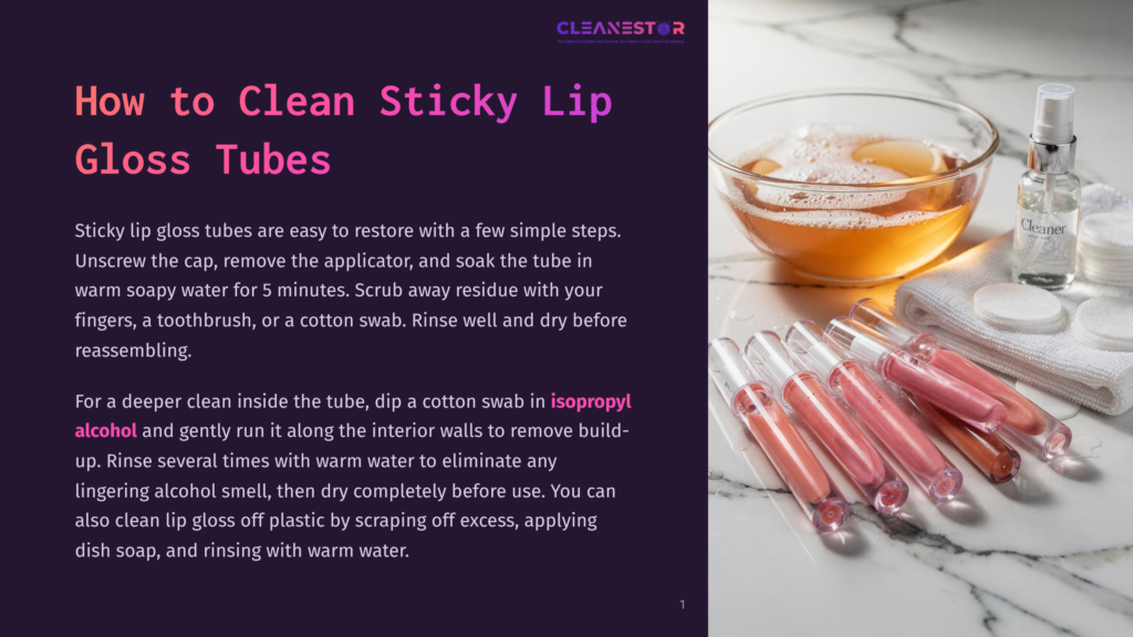 A Collection Of Lip Gloss Tubes With Pink And Nude Shades Are Arranged On A White Towel Next To Cotton Pads And A Bottle Of Cleaner. A Bowl Of Soapy Water Sits In The Background, Suggesting A Cleaning Process.
