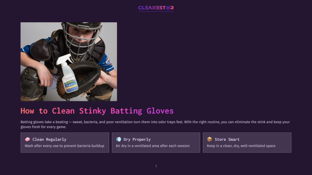 A Young Baseball Player Wearing A Blue And Black Jersey And Helmet Uses A Spray Bottle To Clean A Black Batting Glove, Demonstrating Proper Cleaning Technique.