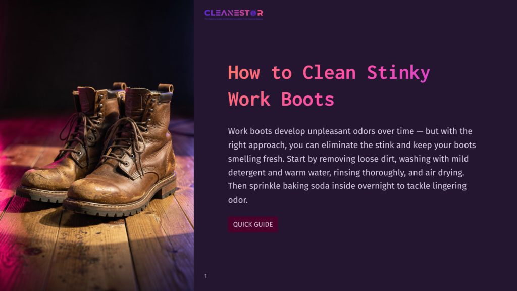 Brown Leather Work Boots With Laces Sit On A Wooden Floor, Illuminated By Dramatic Pink And Purple Lighting. The Text &Quot;How To Clean Stinky Work Boots&Quot; Is Visible.
