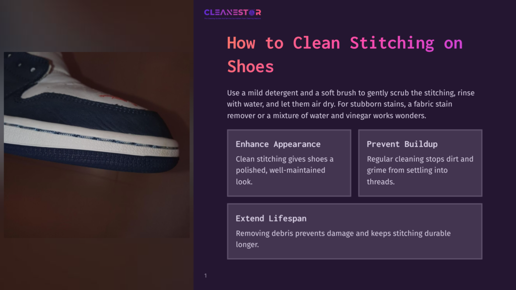 1 How To Clean Stitching On Shoes Close-Up Of A White And Navy Blue Sneaker With Orange Accents, Showing Detailed Stitching. Text Overlay Reads &Quot;Cleanestor&Quot; And &Quot;How To Clean Stitching On Shoes&Quot;.