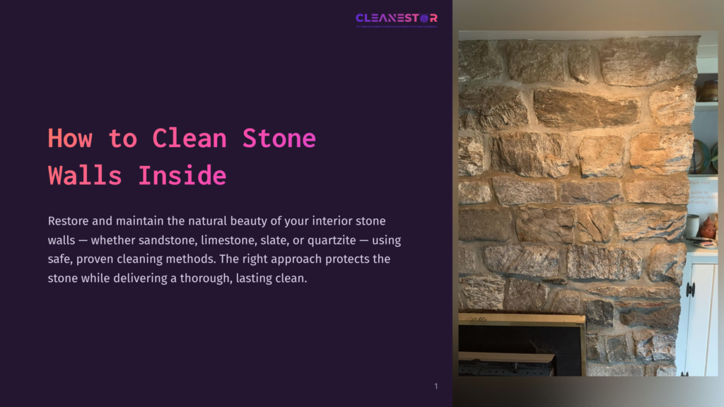 Close-Up Of A Textured Interior Stone Wall, Showcasing Rough-Hewn, Natural Stone Blocks In Varying Shades Of Grey, Tan, And Brown. &Quot;How To Clean Stone Walls Inside&Quot; Is Prominently Displayed In Large White And Purple Text On A Dark Purple Background To The Left.