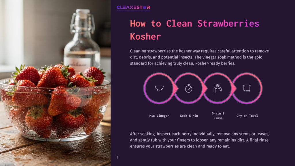1 How To Clean Strawberries Kosher A Glass Bowl Overflows With Fresh, Ripe Strawberries, Ready For Cleaning. A Glass Bottle Of Vinegar Sits In The Background, Hinting At The Cleaning Process.