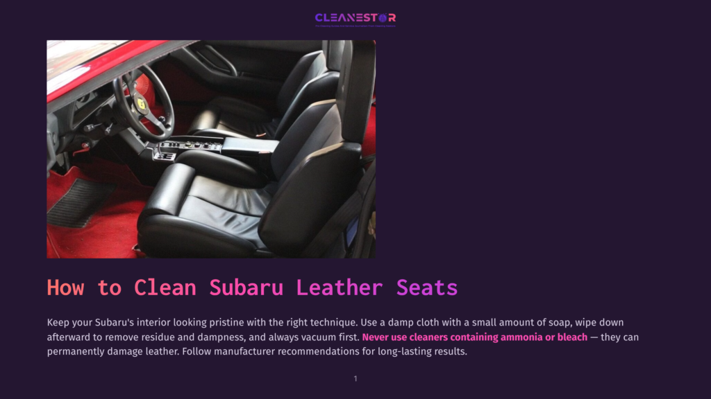 Interior Of A Red Subaru With Clean Black Leather Seats, Showing The Front Seats And Dashboard. Text Overlay Reads: &Quot;How To Clean Subaru Leather Seats&Quot;.
