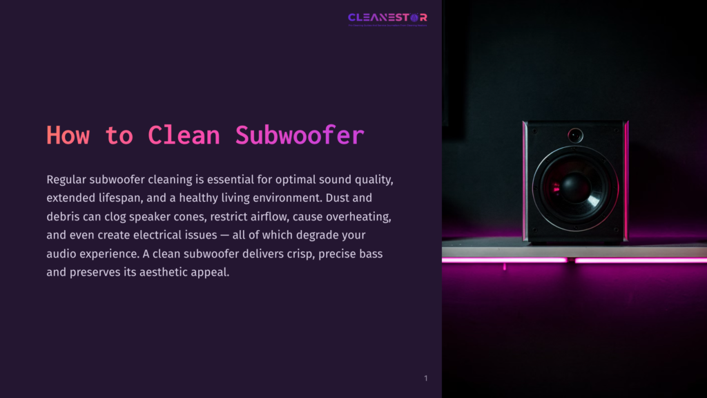 Black Subwoofer With Red And Pink Lights Resting On A Dark Surface, Text Overlay Reads &Quot;How To Clean Subwoofer&Quot;.