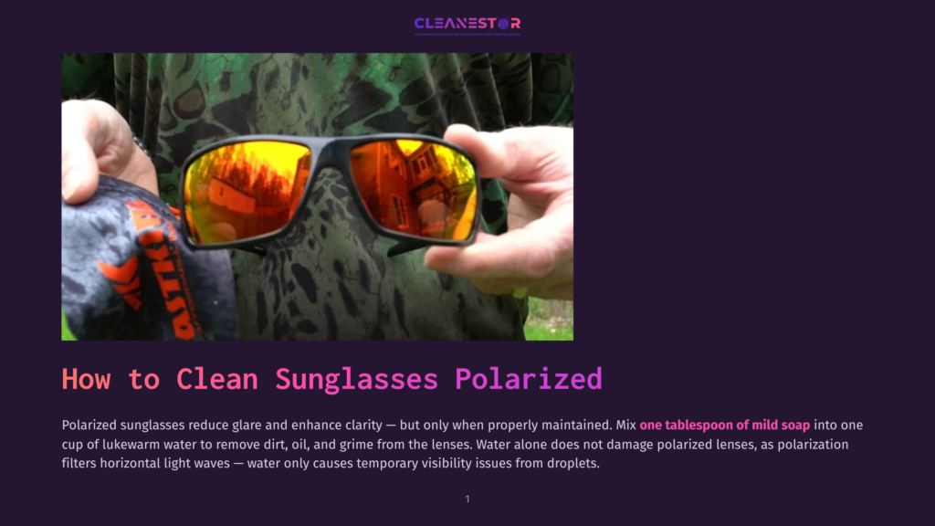 Close-Up Of A Person Holding Polarized Sunglasses With Bright Red And Orange Reflective Lenses, Ready For Cleaning. The Text &Quot;How To Clean Sunglasses Polarized&Quot; Is Visible Below.