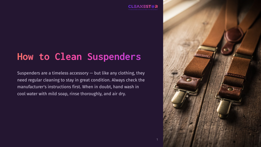 Close-Up Of Brown Leather And Fabric Suspenders With Brass Clips Resting On A Rustic Wooden Surface. The Text &Quot;How To Clean Suspenders&Quot; Is Visible On The Left.