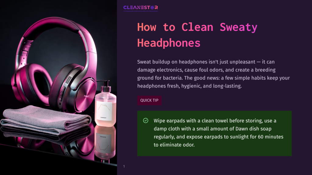 Pink Over-Ear Headphones Sit On A Reflective Black Surface Next To A Microfiber Cleaning Cloth And A Bottle Of Cleaning Solution, With The Text &Quot;How To Clean Sweaty Headphones&Quot; Visible.