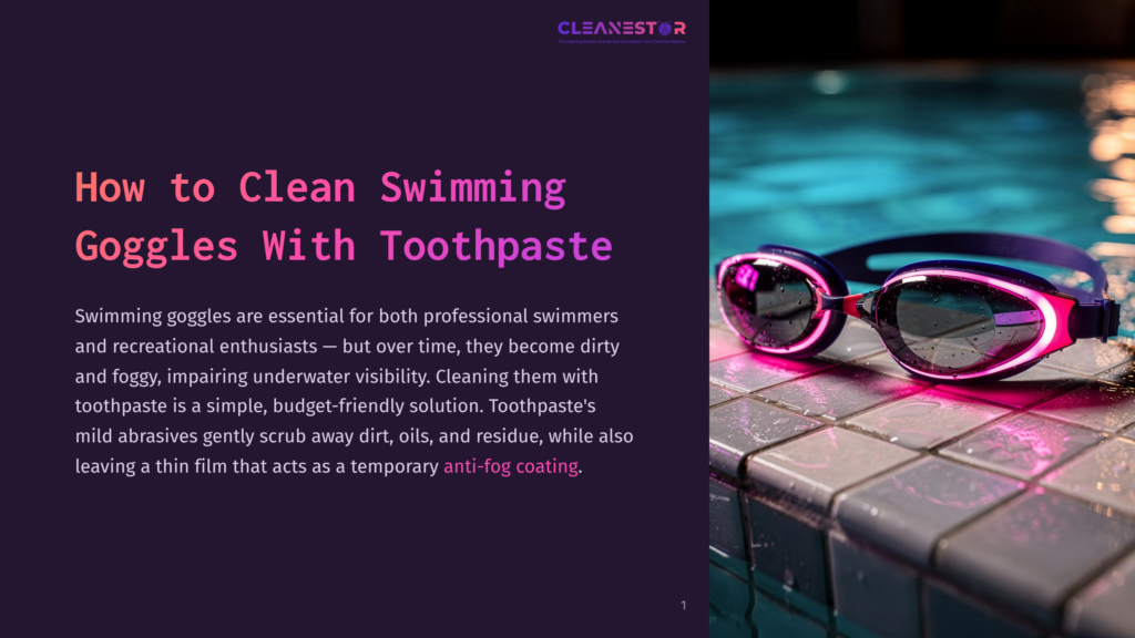 A Pair Of Pink And Purple Swimming Goggles With Glowing Lenses Rests On A Tiled Edge Of A Pool At Night, Illuminated By Blue And White Pool Lights.