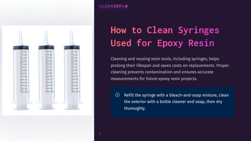 Three Clean, Empty 150Ml Epoxy Resin Syringes With Clear Markings Are Lined Up On A White Surface. Text On The Right Reads &Quot;Cleanestor&Quot; And &Quot;How To Clean Syringes Used For Epoxy Resin&Quot;.