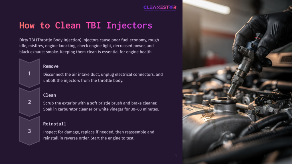 Close-Up Of A Mechanic'S Gloved Hands Cleaning A Fuel Injector, With The Text &Quot;How To Clean Tbi Injectors&Quot; Visible.