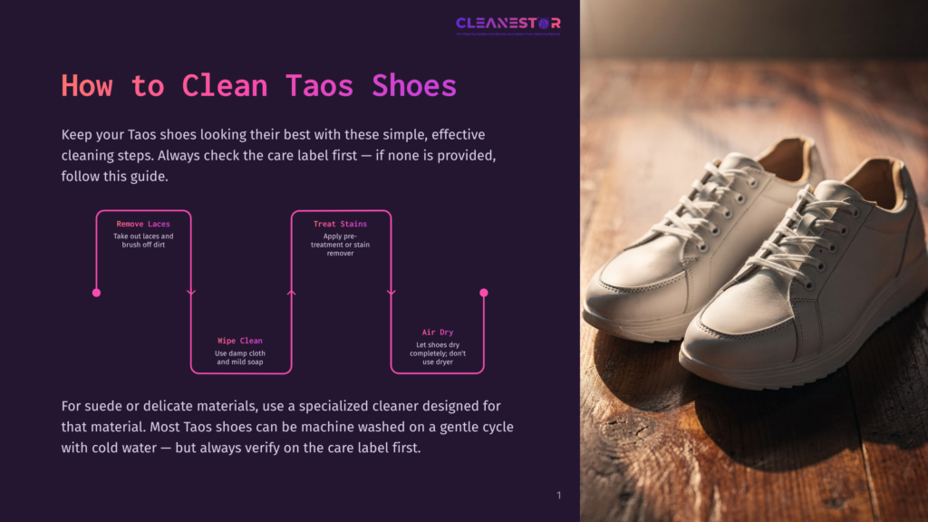 Two Clean, White Leather Taos Sneakers Sit On A Wooden Surface Bathed In Warm Sunlight, With A Cleaning Guide Overlayed On The Left.