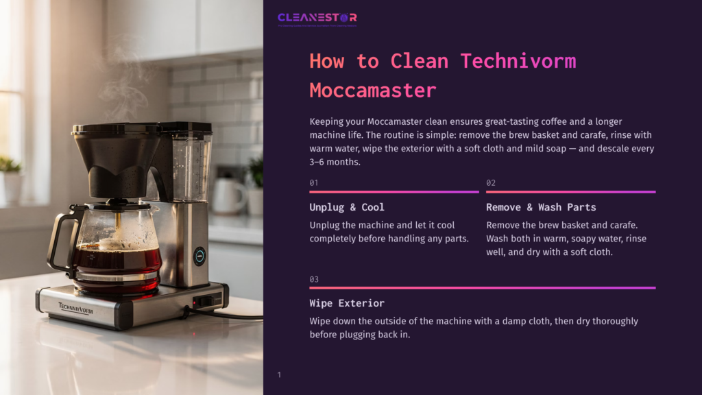 Technivorm Moccamaster Coffee Maker With A Full Carafe Of Coffee On A Kitchen Counter. The Image Includes The Technivorm Logo And The Text &Quot;How To Clean Technivorm Moccamaster&Quot;.