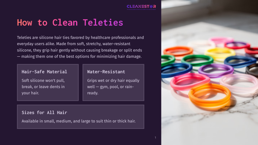 A Colorful Assortment Of Silicone Hair Ties, Including Pink, Orange, Yellow, Green, Blue, And Purple, Are Arranged In A Circular Pattern On A White Marble Surface. The Ties Are Smooth And Appear Water-Resistant, Ideal For Hair.