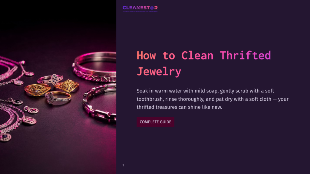 A Collection Of Beautiful, Ornate Gold And Silver Thrifted Jewelry, Including Rings, Necklaces, And Bracelets, Rests On A Dark, Reflective Surface With Pink Lighting. The Text &Quot;How To Clean Thrifted Jewelry&Quot; Is Visible.