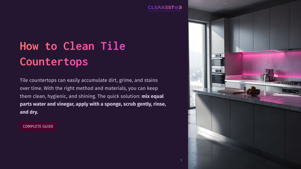 1 How To Clean Tile Countertops Modern Kitchen With A Tile Countertop, Illuminated By Pink Led Lights, And A Stainless Steel Stove And Sink In The Background. A Bowl Of Fruit Sits On The Counter, And The Caption Reads &Quot;How To Clean Tile Countertops.&Quot; The Image Provides A Guide On Maintaining Clean And Hygienic Tile Surfaces.
