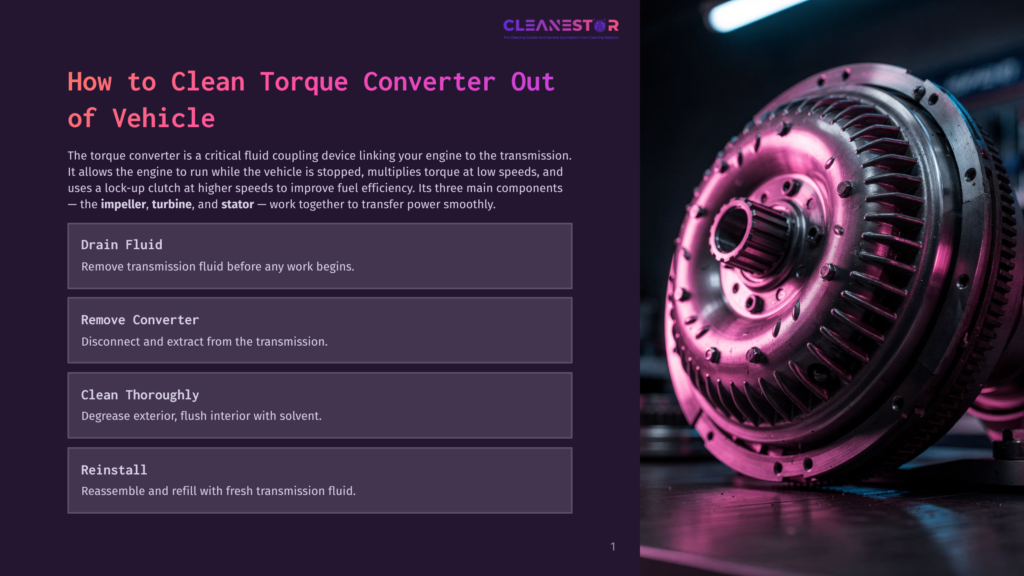 Close-Up Of A Clean Torque Converter With A Dark, Industrial Background, Featuring Text Overlay Detailing Steps For Cleaning A Vehicle'S Torque Converter: Drain Fluid, Remove Converter, Clean Thoroughly, Reinstall.
