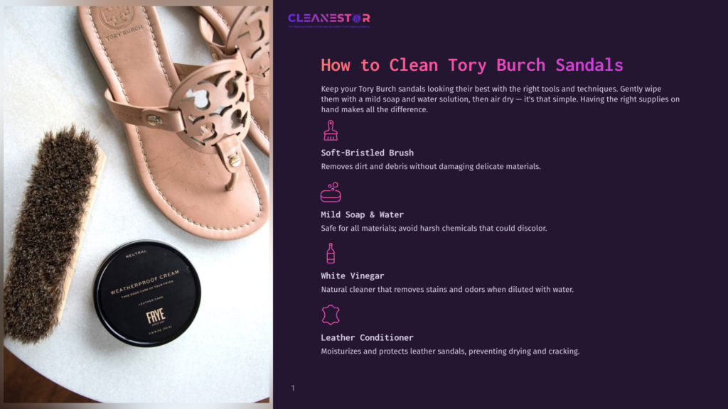 A Close-Up View Of A Pair Of Light Brown Leather Tory Burch Sandals, Accompanied By A Small Jar Of Leather Conditioner, And A Small Soft-Bristled Brush, Set Against A Dark Purple Background.