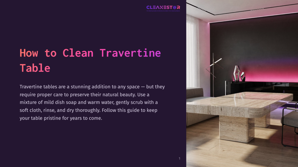 Elegant Room With A Travertine Table At The Center. The Table Is On A Wooden Floor, With A Modern Decor Featuring Black Walls And A Purple Accent Light.