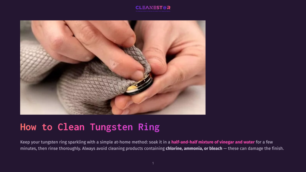 Hands Gently Polish A Tungsten Ring With A Textured Cloth, Demonstrating A Simple Home Cleaning Method Using Vinegar And Water.