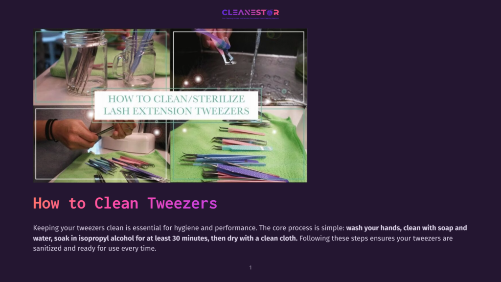 Collage Of Images Showing How To Clean And Sanitize Lash Extension Tweezers With Isopropyl Alcohol, Demonstrating Proper Hygiene For Lash Artists.