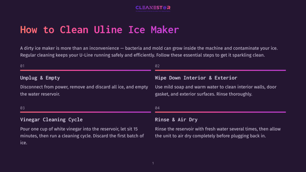 A Step-By-Step Guide On A Dark Purple Background On How To Clean A Uline Ice Maker, Starting With Unplugging And Emptying The Machine, Followed By Wiping Down The Interior And Exterior With Mild Soap And Warm Water.
