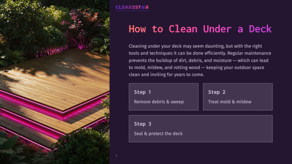 A Tutorial Graphic Displays How To Clean Under A Deck, With A Wooden Deck Illuminated By Pink Lights, Surrounded By Lush Greenery, And Steps To Remove Debris And Sweep, Treat Mold And Mildew, And Seal And Protect The Deck.