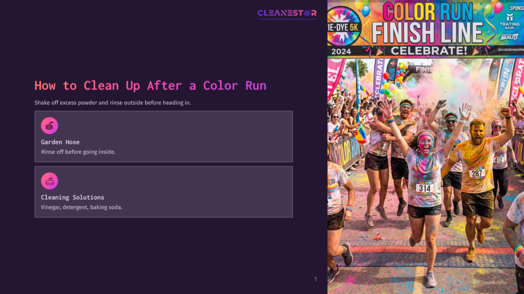 1 How To Clean Up After A Color Run Color Run Finish Line With Participants Celebrating, Covered In Vibrant Colored Powder. Text Overlay Reads &Quot;Color Run Finish Line Celebrate! 2024&Quot;.