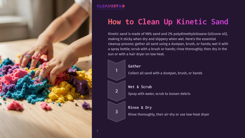 A Child Plays With Vibrant, Multicolored Kinetic Sand On A Wooden Table, Demonstrating The Steps To Clean It: Gather, Wet And Scrub, And Rinse And Dry.