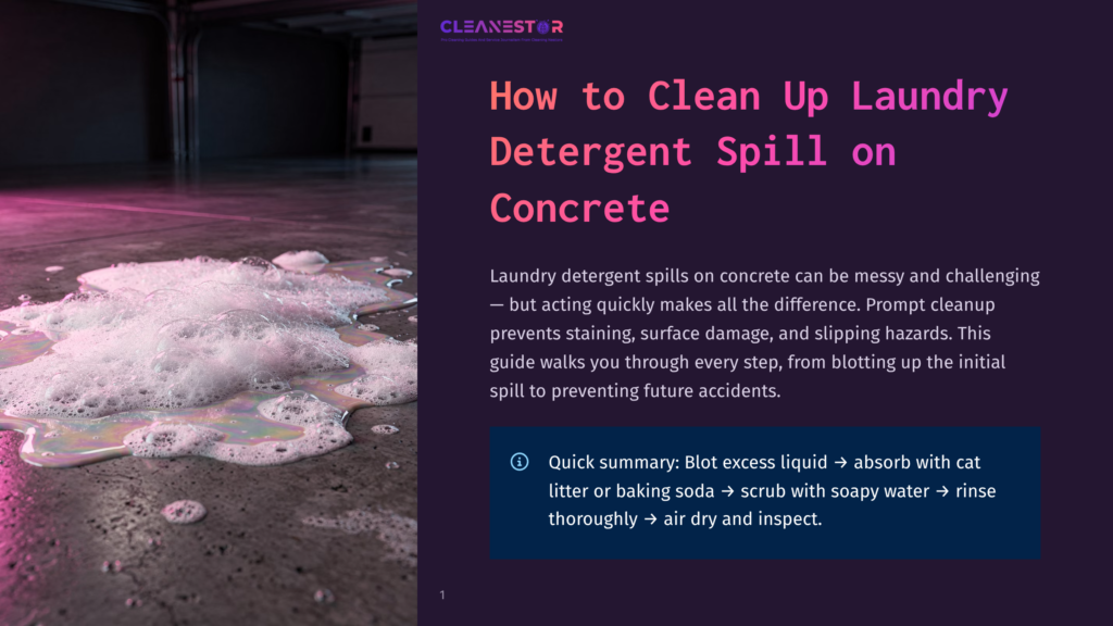 A Foamy, Colorful Laundry Detergent Spill On A Concrete Garage Floor. The Text Reads &Quot;How To Clean Up Laundry Detergent Spill On Concrete.