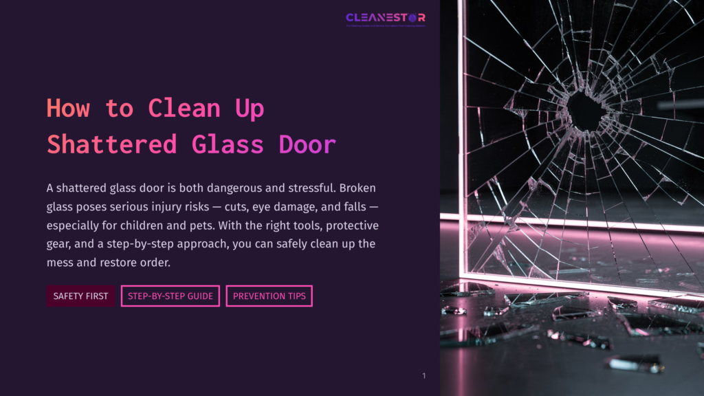 A Shattered Glass Door With Sharp Shards And Fragments Scattered Across A Dark Floor, With Pink Neon Lighting Reflecting On The Broken Glass. Text Overlay Reads &Quot;How To Clean Up Shattered Glass Door&Quot;.