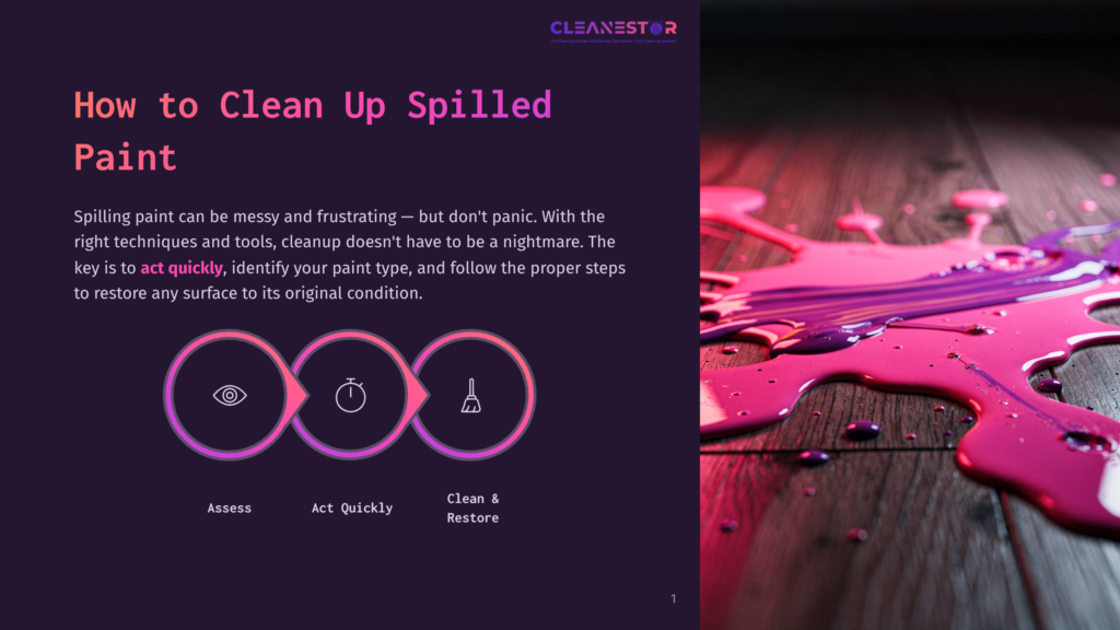 A Wooden Surface Displays Pink Paint Splatters, Emphasizing The Importance Of Cleaning Up Spills. A Colorful Infographic With Icons For Assessing, Acting Quickly, And Cleaning And Restoring Surfaces Is Displayed.