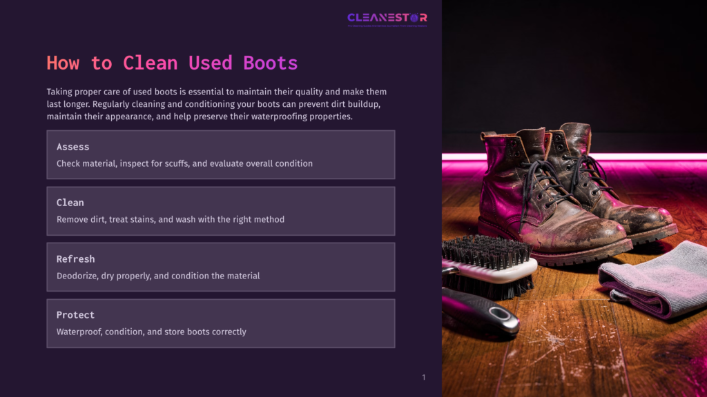 An Image Showing A Pair Of Worn Boots, A Brush, And A Towel, With The Words &Quot;How To Clean Used Boots&Quot; In The Top Left Corner.