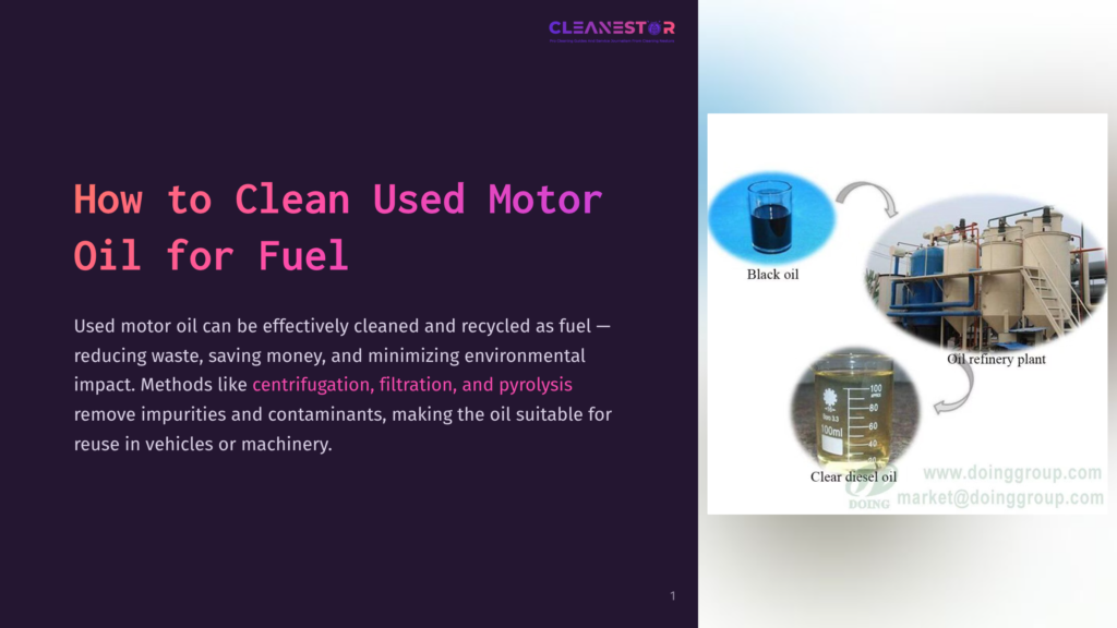 Diagram Showing How Used Motor Oil Is Cleaned And Recycled Into Clear Diesel Fuel At An Oil Refinery. Text On The Image Reads &Quot;Cleanestor&Quot;.