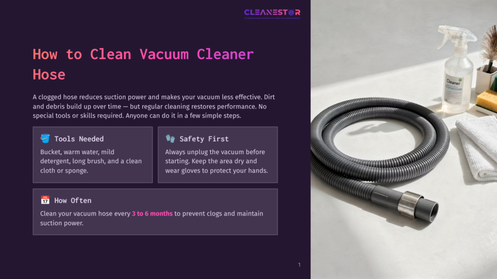 1 How To Clean Vacuum Cleaner Hose A Gray Vacuum Cleaner Hose Coils On A Light Gray Surface Next To A Spray Bottle Of Cleaner, White Towels, And A Yellow Sponge, With The Text &Quot;How To Clean Vacuum Cleaner Hose&Quot; Visible On The Left.